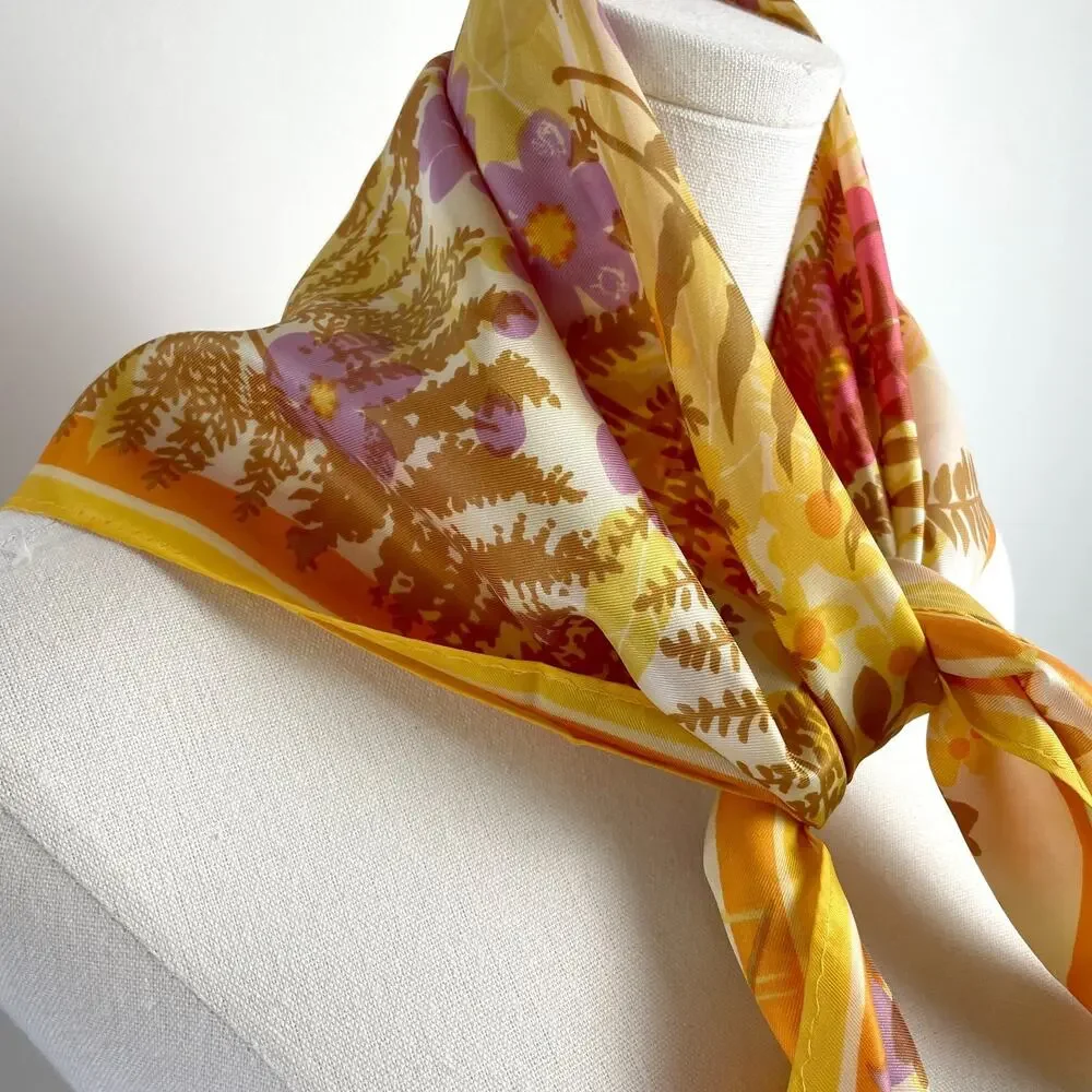 Vintage 60s 70s Vera Square Scarf Ladybug Floral Yellow Colorful Ferns